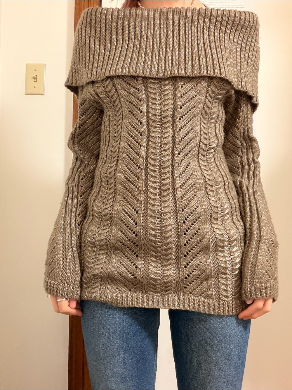 Off-Shoulder Cable Knit Sweater in Taupe